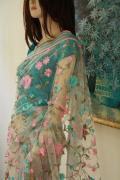 Delicate White Net Shimmer Saree with Baby Pink & teal Embroidery Delicate White Net Shimmer Saree with Baby Pink & teal Embroidery