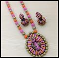 Pink & Orange Tear Drop Peacock Pendant Set with Jhumkas