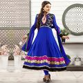 Designer Anarkali Suit in Blue \w Gold Trim (Unstitched) Designer Anarkali Suit in Blue \w Gold Trim (Unstitched)