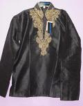 Black Tussore Men's Kurta w/ Golden Embroidery #7391