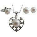 Oyster Shell White Pearls Heart Pendant Stud Earring & Ring 