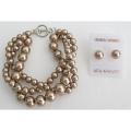 Bronze Crystal Pearl 3 Strand Bracelet with Stud Earrings 