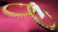 Pair of Golden Bangles w/ Lustrous CZ Crystal Zircon Stones 2.8 #7305