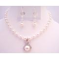 Pure Whie Pearls Jewelry w/ Clear Crystals Drop Down Pendant Set 