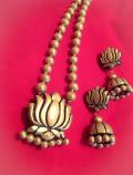 Golden Lotus Terracotta Necklace with Lotus Jhumkas