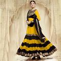 Unstitched Designer Anarkali Suit in Bright Yellow & Black Unstitched Designer Anarkali Suit in Bright Yellow & Black