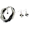Twisted Cluster 4 Strand Bracelet & Earrings Black Ivory Pearl Bracelet 