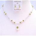 Olivine Swarovski Crystals Ivory Pearls Jewelry Drop Down Necklace Set 