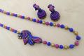 Pink & Blue Clay Peacock Mogappu Necklace with Jhumkas