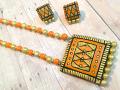 Orange & Gold Square Terracotta Necklace Set \w Studs