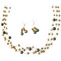Swarovski Khakhi Crystals Freshwater Pearls Necklace Golden Dark Green 