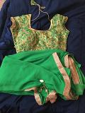 Plain Green & Gold Georgette Sari w/ Designer Blouse