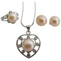 Freshwater Peach Pearl Heart Pendant Necklace Stud Earrings & Ring 