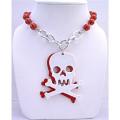 Red Pearls Long Necklace Skull Head Pendant Halloween Gift 28 inches Red Pearls Long Necklace Skull Head Pendant Halloween Gift 28 inches